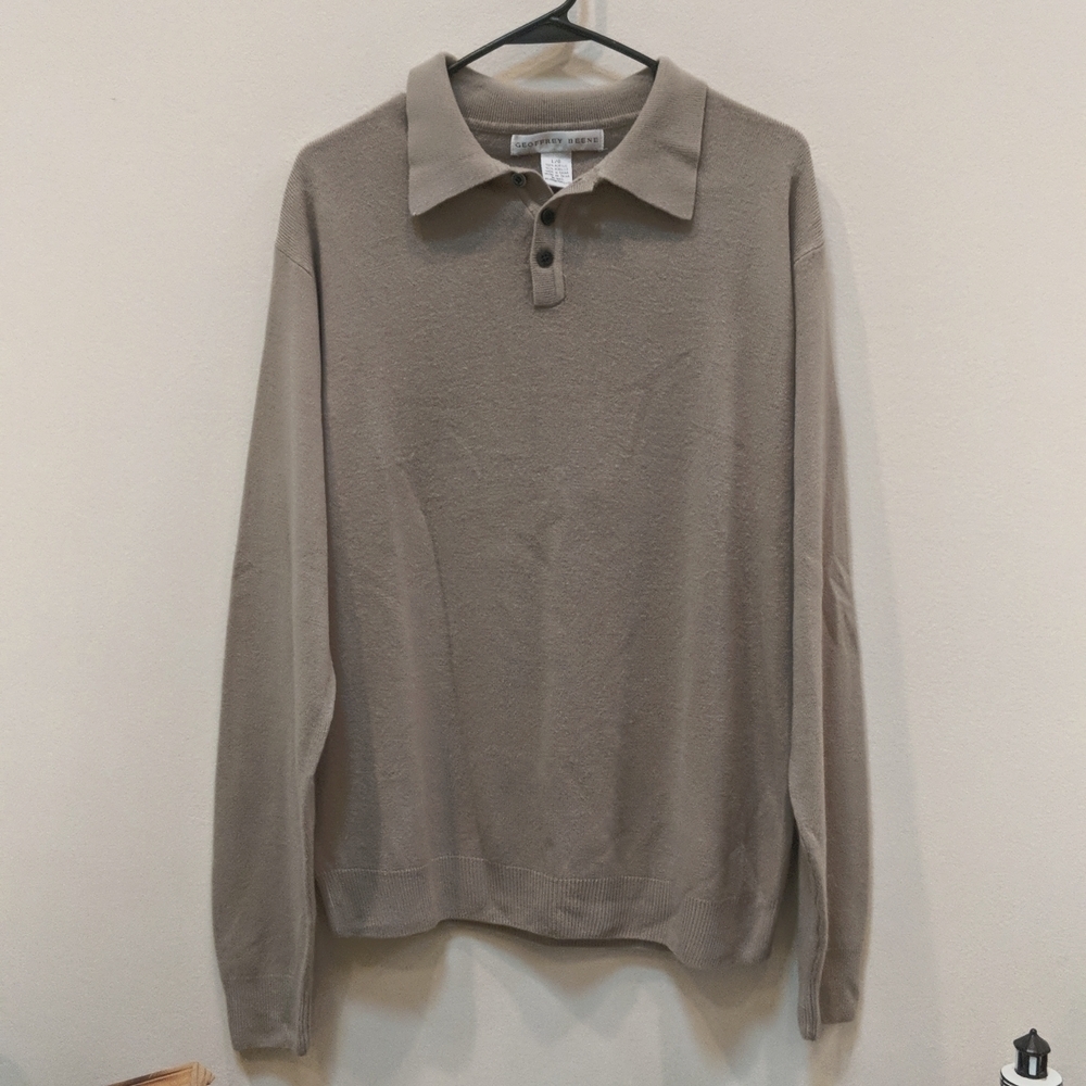 Geoffrey Beene Men's Tan Long Sleeve Polo Shirt Size Large